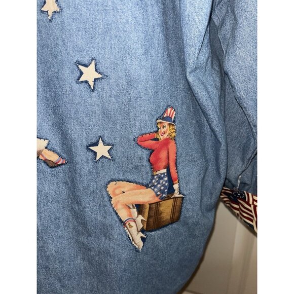Womens Embellished Denim Blue Jean XL Top Quilt Pin Up Girl Quilter USA Patriot - Picture 7 of 16